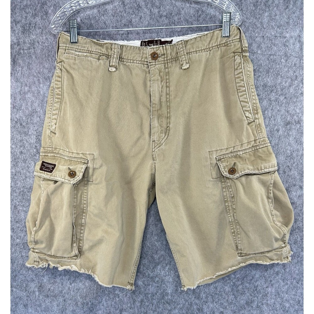 American Eagle Cargo Shorts Men's 32 Tan Khaki Cotton Twill Raw Hem Drawstring